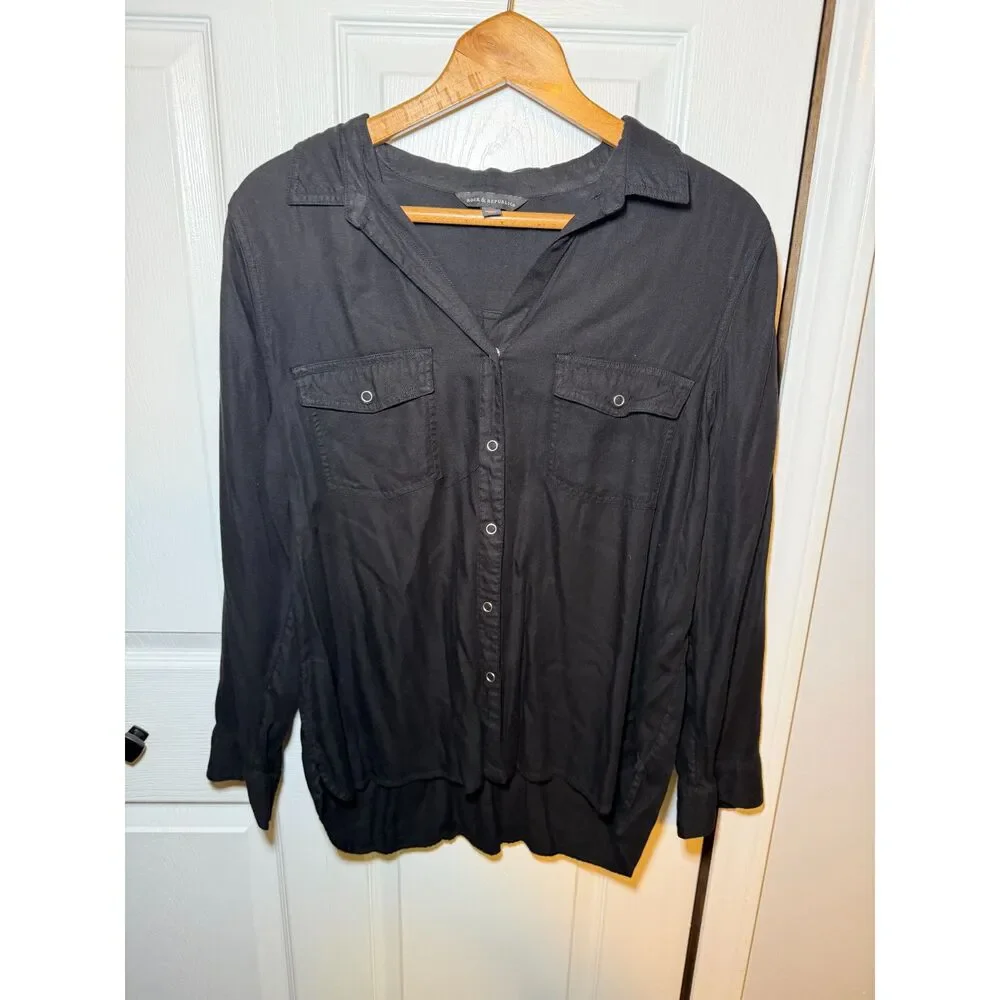 Rock & Republic Black Button Front Utility Blouse Women's XL Long Sleeve - Picture 2 of 4